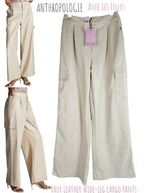Anthropologie Avec Les Filles Women's Faux Leather Wide Leg Pants Cargo Ivory Xs